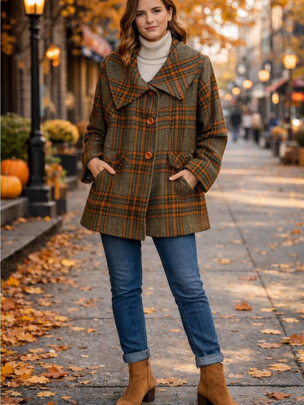 Cato Plaid Wool‑Blend Coat Size Large,Autumn Check Pattern Outdoors Transitional